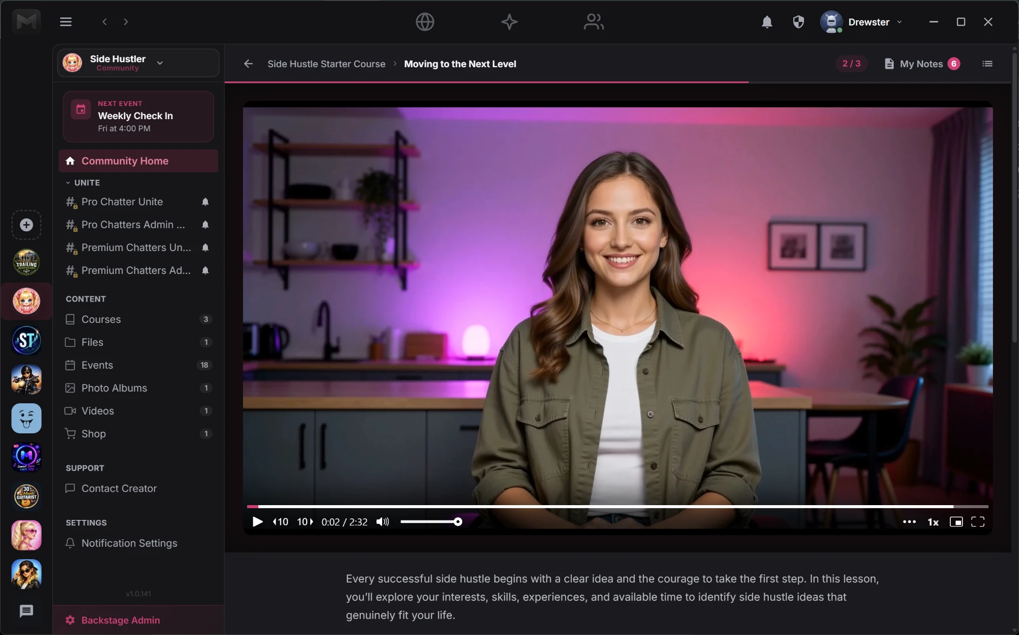 The MemberPad desktop app playing a course lesson, the community's channels and content listed alongside