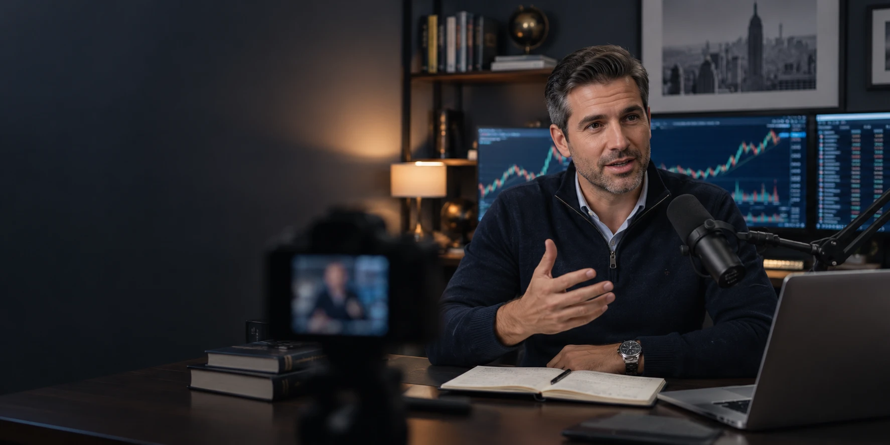 A market educator at a desk in a dark home studio, talking to a camera across an open notebook and a laptop, a podcast mic on its arm and live candlestick charts on the monitors behind